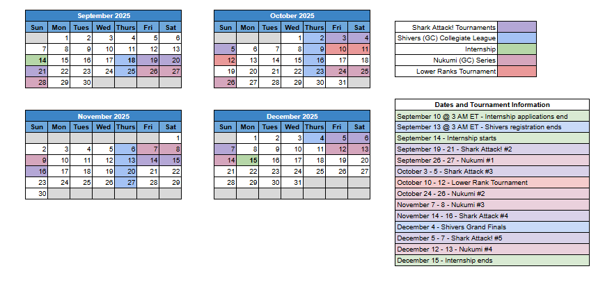 Shark Attack calendar overview for Fall 2025